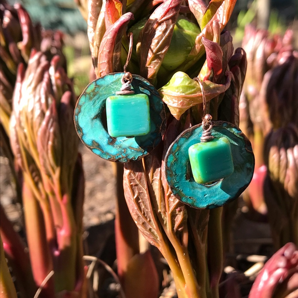 Handmade hammered copper earrings.
